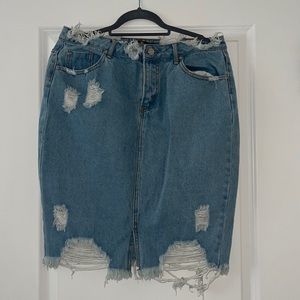 Distressed Denim Midi-Skirt with small front split